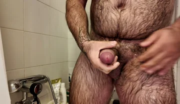 Hairy Bear Jerks off in the Bathroom and Cums