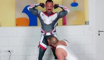 Muscle Daddy - Muscle Man Tries On Spandex Cosplay Suit With The Help Of His Muscle Stepdaddy