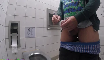 Pissing on a Highway Toilet, Then Jerking off My Thick Foreskin Cock Until It Squirts Cum Into the Bowl.