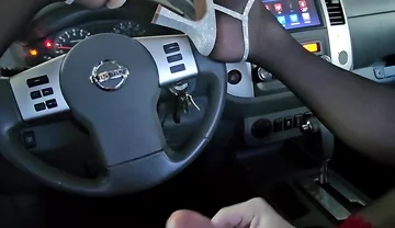 Climax in My Sparkled High Heels on My Steering Wheel Skirt and Nylons in My Track After Just Driving Home Horny