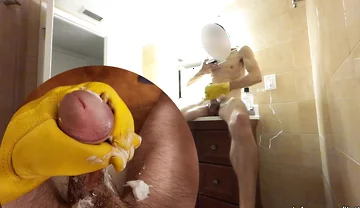 Muscular Slim Body Guy Hard Jerking off Uncut Huge Cock by Yellow Leather Glove
